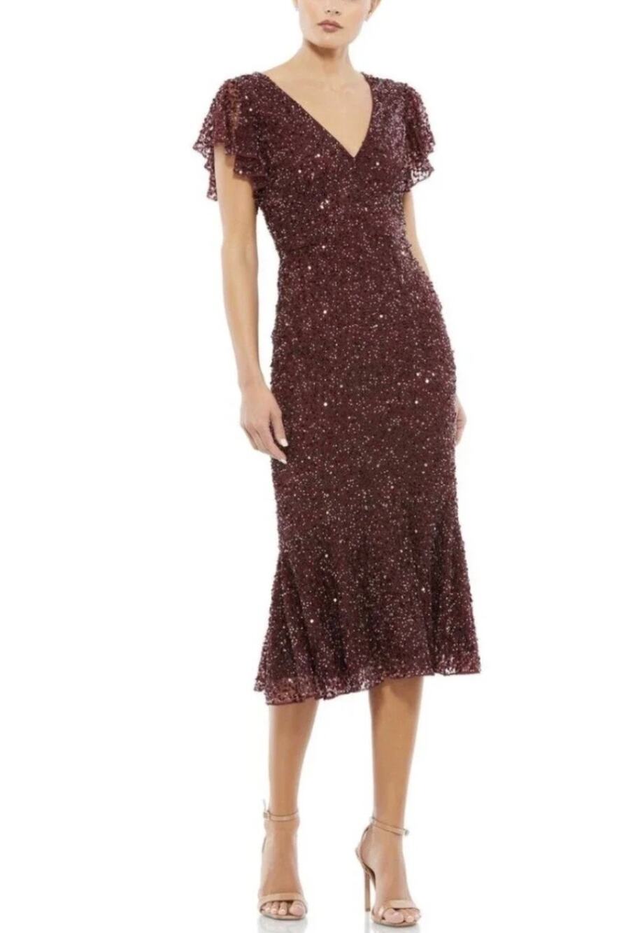 Mac Duggal 10801 Burgundy Red Cocktail Dress Sequined Mermaid Sheath Midi Size 0